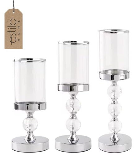 Glas-Kerzenhalter Kelch Glamour Windlicht Kristalle - Set aus 3 Stück (Silber)