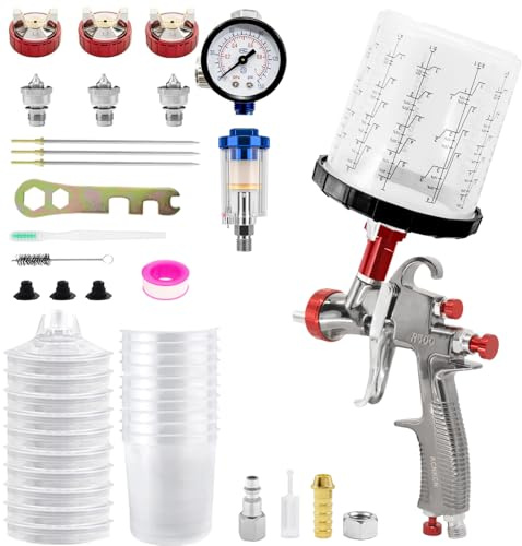 KCNKCN R500 LVLP Air Spray Gun with 650ml Mixing Cup& 10x Disposable Cups, 1.3/1.7/2.0mm Nozzles Paint Gun Sprayer, Automotive Paint Gun for House Painting, Car, Furniture, Fence, Varnish& Top Coat