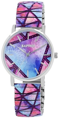 Raptor Colorful Edition Damen-Uhr Zugband Edelstahl Motiv Bunt Print Analog Quarz RA10205