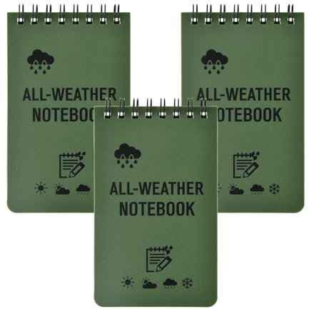 3 Stück Wasserdichtes Notizbuch, Allwetter-Notizblöcke mit Top-Spirale, Wasserdichtes Allwetter-Notizbuch, 100 Seiten, 50 Blatt, Einband Grün, Pocket notizbuch 7.6x12.7cm, für Outdoor-Aktivitäten