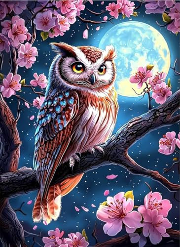 NAHUIGOOD Kreuzstich Set Vorgedruckt,Eule auf Kirschblütenbaum 11CT40x50cm,Stickvorlagen Stickbilder Vorgedruckt Kreuzstich Cross Stitch Embroidery Kit Stickset Sticken Set für Erwachsene Anfänger
