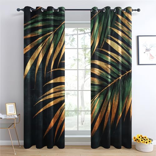 Luxfieo Palmblätter Vorhänge Grün Gold Tropische Blätter Vorhang Blickdicht Gardinen 245 cm Lang Verdunklungsvorhänge mit Ösen Thermovorhang für Wohnzimmer Schlafzimmer Fenster Deko 2er Set U#351