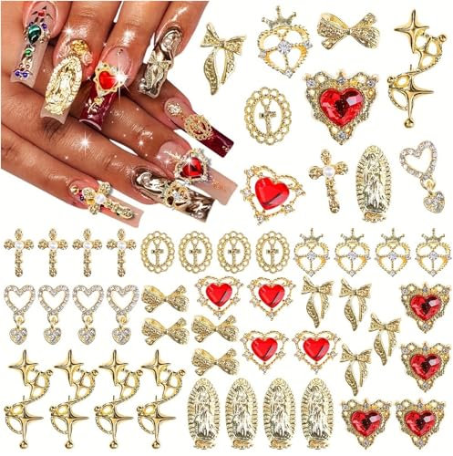 CharmeFleur 40 Pieces Gold Nail Charms for Acrylic Nails, Mixed Styles Shiny Pearl Alloy Nail Cross Butterfly Bow Heart Star Charms for Women's Nail Art