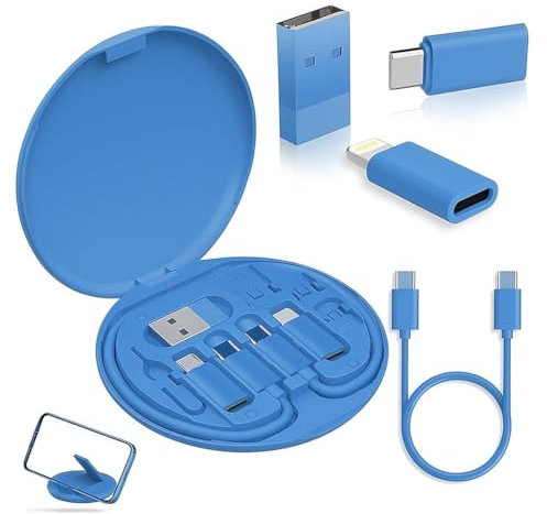 Dr.Tech Multifunctional Data Cable Storage Box with USB C, Micro USB, Type-C Adapters, SIM Card Slots & Phone Stand – Portable Charging & Data Transfer Kit for iPhone 15, iPad, Android (Blue)