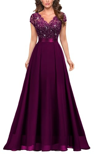 MIUSOL Women's Elegant V-Neck Lace Emprie Waist Bridesmaids Party Gown Formal Maxi Dress