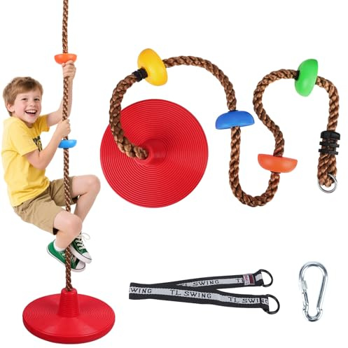 Lischwert Kinder Kletterseil Schaukel Set – Outdoor Schaukelsitz mit Plattform & Disc-Sitz, inklusive Gurt & Karabiner, Kletter- und Spielgerät für Kinder, robust & sicher
