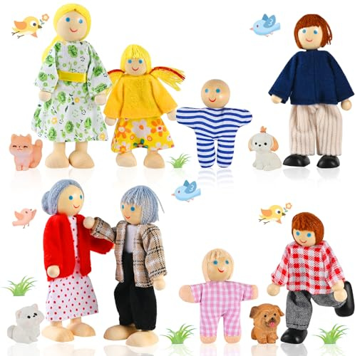 Wooderma 12 Stück Hölzerne Puppenhaus Puppen Familie Set, Figuren | Puppenhaus Figuren mit Katze und Hund, Biegepuppen für Rollenspiel, Puppenhaus Zubehör, Fantasiespiel, Geschenk für Kinder
