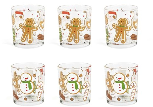 Excelsa Wonderful Ginger Set 6 Bicchieri Acqua, Vetro Decorato Natalizio, Pupazzo di Neve e Biscotto Zenzero, 250ml, 7,5x8,5cm