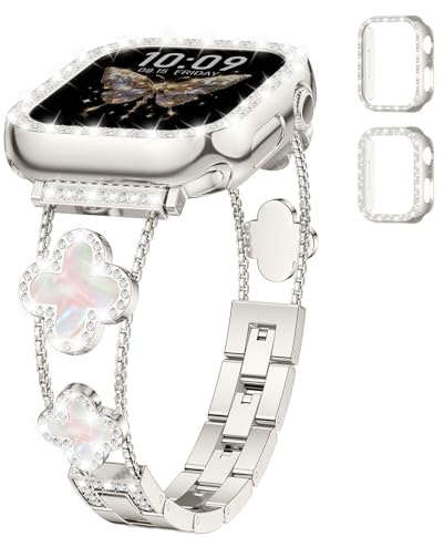 Metall Armband+Diamant Schutzhülle für Apple Watch Armband Series 11 10 9 8 7 6 5 4 3 SE 3/2 Damen,Bling Glückskleeblatt Edelstahl Band für iWatch 38/40/41/42 mm,40mm PC Hülle(No Screen) Polarstern