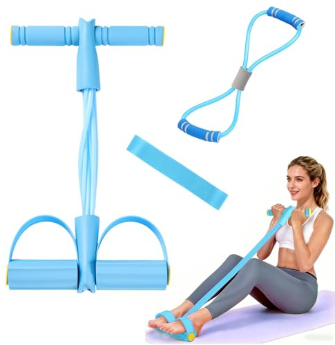 JDCMEI Bauchtrainer, Multifunktionales Spannseil mit Rückentrainer & Fitnessbänder, Sit-Up Trainingsgeräte, 6 Tubes Elastische Zugseil, Sportgeräte Zuhause für Trainieren von Taille Beinen Bauch, Blau