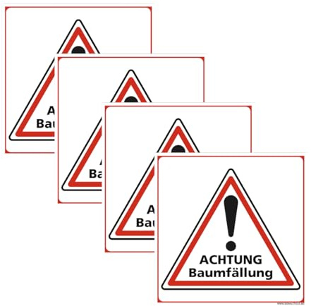 Signalétique.biz France - Set mit 4 - Achtung Baumfällung Aufkleber – Warnschild Gefahr Waldarbeiten | Selbstklebend | 250x250 mm | Sicherheitspiktogramm mit Ausrufezeichen