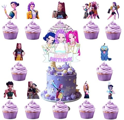25 Pièces Anniversaire K-pop, Kit Anniversaire Demon Hunter, Décoration Gâteau et Cupcakes avec Cake Topper Happy Birthday, Décoration d’Anniversaire pour Fille, Fournitures de Fête Thème Cartoon