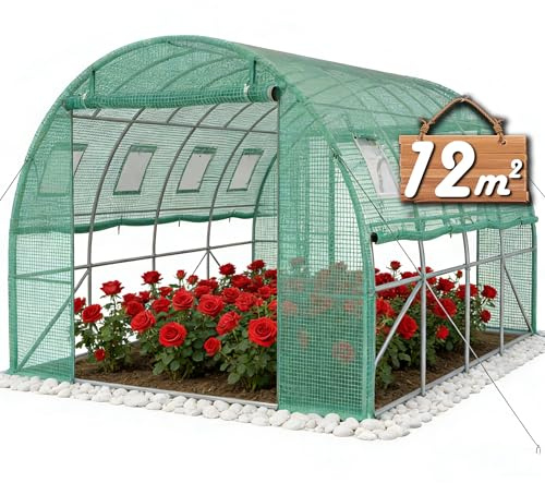 YRHome 3x4x2m Gartengewächshäuser mit Tür & Aufrollbare Fenster Foliengewächshaus mit Stahlfundament aus verzinktem Stahl Tomatenhaus Winterfest Folienzelt Treibhaus Pflanztunnel UV-Schutz für Gemüse