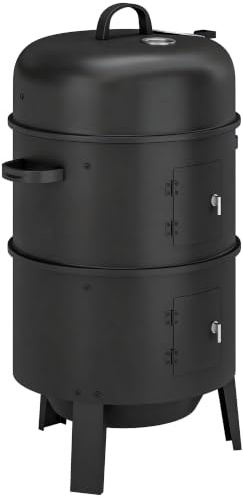 Outsunny 3-in-1 Vertical Barbecue Charcoal Smoker, BBQ with 2 Grill Grates | Built-in Thermometer, Adjustable Vent, 2 Doors, Outdoor BBQ Smoker Grill, Camping, Parties, Picnic