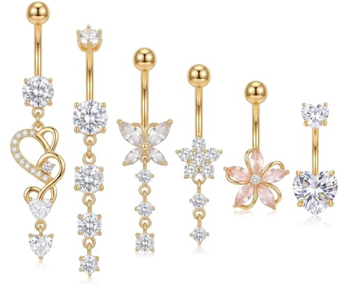 Dermalyx 6 Stück Hängendes Vergoldetes Bauchnabelpiercing, Chirurgenstahl Bauchnabel Ring Mit Zirkonia, Belly Button Ring, GWasserfestes Lang Belly Piercing Set