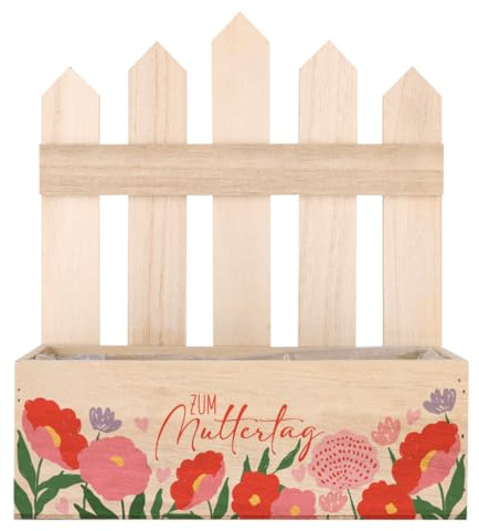Herz & Heim® Geschenkkorb zum Muttertag – Mama Geschenk mit Blumen Motiv – Pflanzkorb aus Holz mit Folie – Geschenkverpackung für Muttertagsgeschenk – 3 Varianten (Zaun)