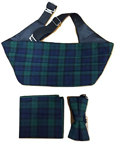 L&L® 3 Pcs Set Tartan Bow Tie + Cummerbund + Pocket Square Hanky Cotton UK (Green)