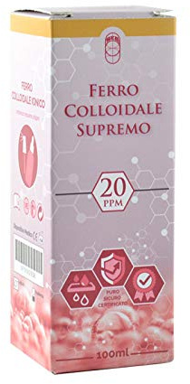 Ferro Colloidale Ionico Supremo - 20 ppm 100ml - Puro, Sicuro Certificato come Dispositivo Medico CE. Erogatori nella confezione: Contagocce e Spray