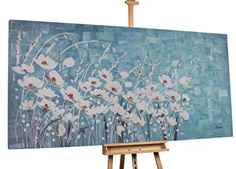 KunstLoft® XXL Gemälde 'Scarlet and Snow White' 200x100cm | original handgemalte Bilder | Blumen Formen Blau Weiß | Leinwand-Bild Ölgemälde einteilig groß | Modernes Kunst Ölbild