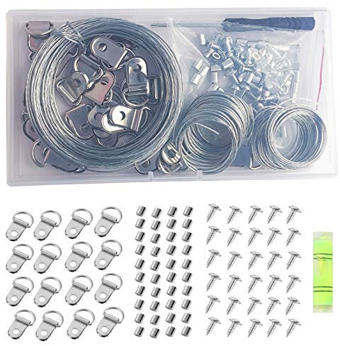 105 Stck Bilderrahmen Aufhänger Werkzeug Kit, Edelstahl draht, D-Ring, Crimpschlaufe, Schrauben, Schraubendreher und Wasserwaage, zum Aufhängen von Bildern, Fotos und Anderen Wanddekorationen.
