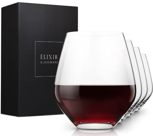 ELIXIR GLASSWARE Stemless Red Wine Glasses Set of 4 - Hand Blown Crystal Stemless Wine Glasses - Unique Large Wine Glasses for Cabernet, Pinot Noir, Burgundy, Bordeaux 18oz, Clear