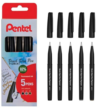 Pentel Arts SESP15 Brush Sign Pen - Pigment Ink - Wallet of 5 Pens