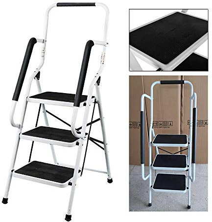 Trittleiter 3 Stufen klappbar, 3 Stufen Trittstufe Klappleiter mit Handlauf Trittleiter, Trittleiter Stabil Stahl Tritt Stufe Leiter, Stufenleiter Haushaltsleiter für Zuhause/Küche/Garage