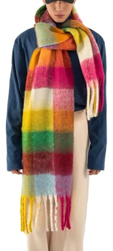 OUNIYA Große Chunky Plaid Schal Kariert Bunte übergroße Schals Weiche Große Kaschmir Wolle Dicke Winter Warme Decke Frauen, Orangegelb, Large