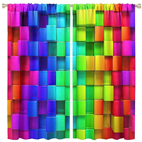 GoDazzling Bunte Mauer Verdunkelung Fenstervorhänge, Regenbogen Geometrisch Plaid Abstrakt Neon 3D Farbige Stangentasche Vorhänge für Wohnzimmer Schlafzimmer 106,7 x 114,3 cm, 2 Paneele