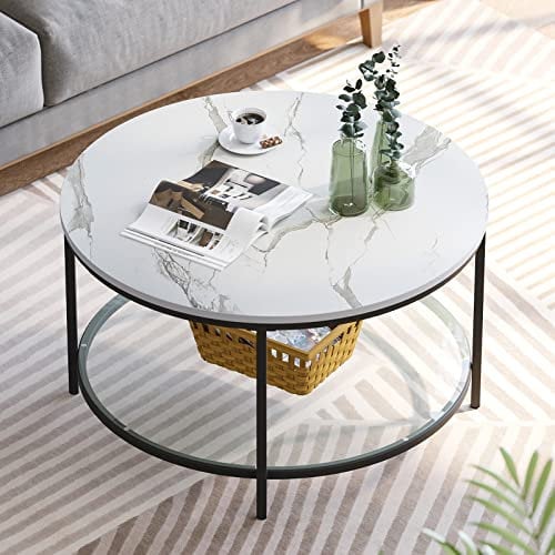 YITAHOME Round Coffee Table with Glass, White Marble Coffee Tables for Living Room, 2-Tier Round Side Table with Storage, Simple Modern Center Cocktail Table, (White & Black)