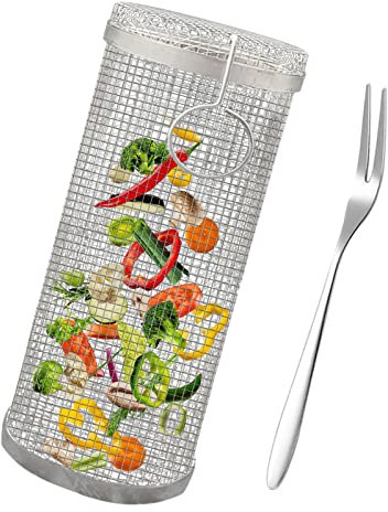 Rianpesn Rolling Grillkorb mit Gabel - Edelstahl Grill Korb Griff für Camping, Rack Außengrill Gemüse, BBQ Grillhalter Pommes, Fisch, Garnelen, Essentials, 3,54* 3,54 * 11,81 Zoll