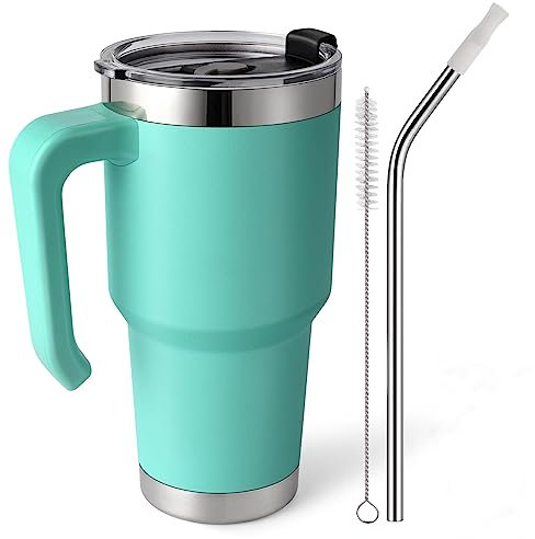 EQARD Taza con Asa Tapa y Pajita Vaso Termo Cafe para Llevar Taza Viajera Mug Térmica de Acero Inoxidable con Cepillos de Tubo para Café Frío o Caliente Todo sin BPA