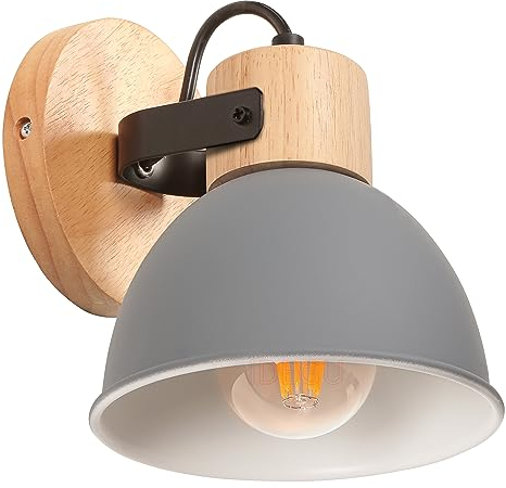 iDEGU Wandleuchte Innen Vintage Wandlampe aus Holz und Eisen Industrie Design Lampe Retro Wandstrahler Verstellbare Deckenleuchte Wandspot Wohnzimmer Schlafzimmer Küche (Grau)