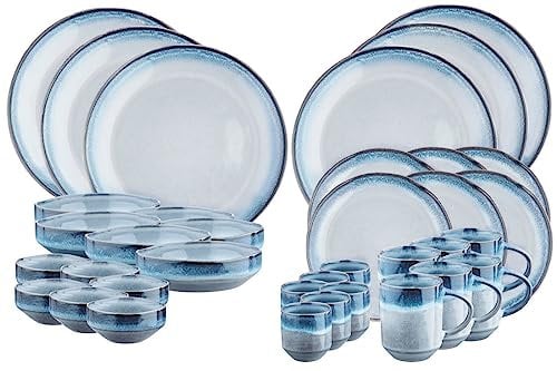 Björn, Genesis, Set vaisselle 36 Pièces, 6 Personnes, grès, Assiettes Plates, Assiettes à Dessert, Petits Bols, Bols Petit-déjeuner, Tasses, Mugs, Dégradé Bleu, Micro-ondes, Lave-vaisselle