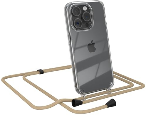 EAZY CASE Handykette kompatibel mit iPhone 15 Pro Handyhülle mit Umhängeband, Handykordel mit Schutzhülle, Silikonhülle, Hülle mit Band, Stylische Kette für Smartphones, Taupe - Clips Schwarz