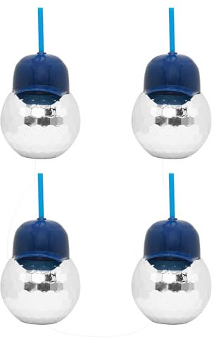 SHINROAD Disco Ball Cups Blue Baseball Hat Cups with Straws, Disco Cup for Party, 600ml Reusable Disco Ball Tumbler, Disco Flash Ball Cocktail Cup, Sparkly Disco Bar Party Wine Drinking Bottle (4)