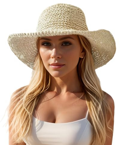 Floppy Big Beach Straw Hats for Women Foldable Summer Wide Brim Packable Oversized Sun Hat Womens Travel Straw Fedora Hat, Beige-4, 7 1/8/7 1/4