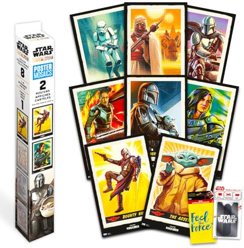 The Mandalorian Mosaik-Poster-Set, 2 Stück, Mystery Deluxe Grogu Wandkunst-Poster, Star Wars Aufkleber und Star Wars Mobile Wallet | Baby Yoda Raumdekor-Bündel, 30,5 x 45,7 cm