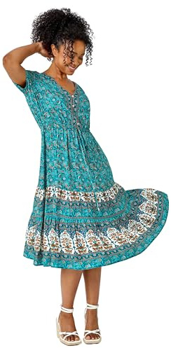 Roman Originals Shirred Waist Dress for Women UK Ladies Midi Maxi Summer Spring Tiered Frill Hem Empire Waist Short Sleeve V Neck Gathered Skirt Bohemian Holiday - Petite Blue Orange - Size 12