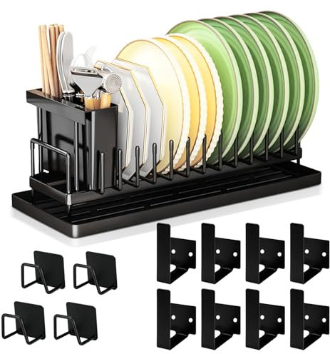 9 Paquet 1pièces Organisateur d'assiettes, 4 paires Support mural pour couvercle de pot, 4 pièces Porte-éponge en acier, Support de rangement pour la vaisselle, Organisateur d'assiettes pour placard