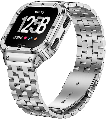 SUPLINK Edelstahl-Gehäuse Band kompatibel mit Fitbit Versa 2 Bands/Versa/3/Fitbit Versa 4 Bands Männer,robuste Abdeckung Armband für Fitbit Sense 2 Bands/Sense/Versa Lite Smart Watch,Silber