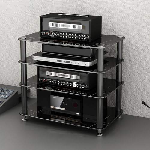 CHZDPP Stereokabinett Eck-TV-Ständer/Audio-Rack-Schrank mit gehärtetem Glas, Plattenspieler-Verstärker-Medienregal, Regal für elektronische Geräte/Bücherregal für Arbeitszimmer(Black,4 Layers)