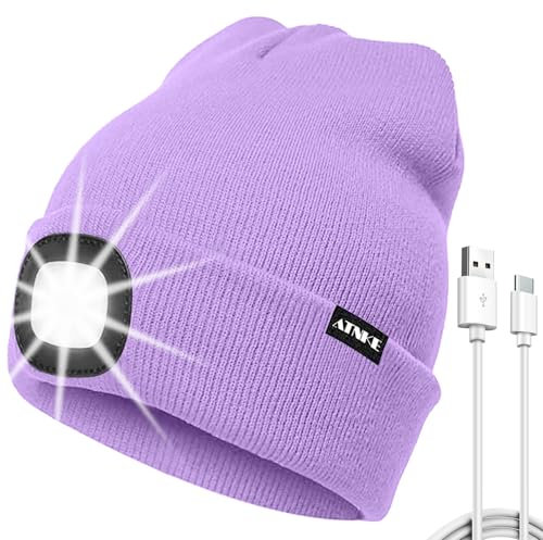 ATNKE LED Mütze mit Licht, USB Typ C Wiederaufladbare 4 LED Beleuchtete Laufmütze Extrem Heller Lampe Winter Warme Stricken Mütze für Herren und Damen Geschenke/Taro Purple