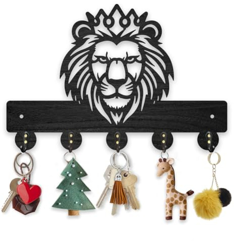 MAYJOYDIY Holz Löwenkrone Schlüsselbrett Kleiderhaken Wandmontage 30 x 20cm Schwarzes Tiermotiv Schlüsselgarderobe Huthaken Mit 5 Haken Aus Legierung Für Schlafzimmer Küche Eingangsbereich Büro
