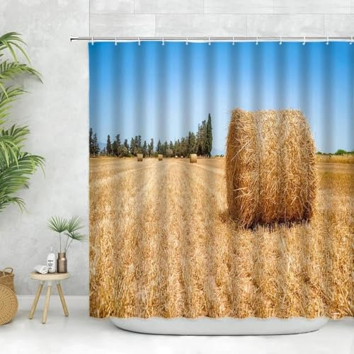 PUOJIEAT Duschvorhang 180x200 Stroh, 3D Shower Curtains Stroh Duschvorhänge Anti Schimmel Wasserdicht, Badewanne Vorhang Waschbare Badezimmer Vorhänge mit 12 Haken qq5583
