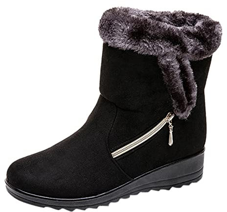 Stivali lunghi da donna invernali con zeppe con zip caldi stivali da neve comodi stivali medi scarpe sopra il ginocchio donna crema, Nero , 40.5 EU