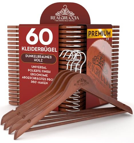 60 Kleiderbügel aus Holz Anti-Rutsch-Einkerbungen Holzbügel RealGruccia Farbe Dunkelbraun von Hosen Anzügen Hemden - Hosensteg Polierter Oberfläche Drehbaren Hakens und Abgeschrägte Profile - 22x45cm