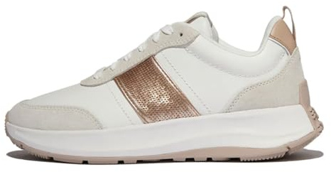Fitflop F-Mode Flow - Tenis Planos de Gamuza y Cuero con Lentejuelas para Mujer, Urban White Classic Beige, 38 EU