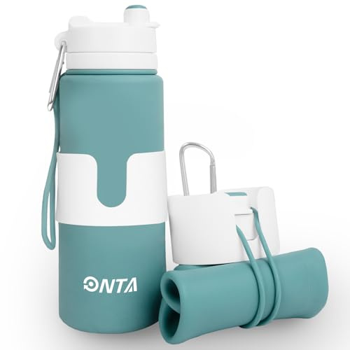 ONTA Bouteille d'eau pliable - 750ml Silicone Bouteille d'eau portable et anti-fuite sans BPA - Bouteille de sport pliable pour les voyages et la salle de gym - Housse de gobelet amovible(Vert)