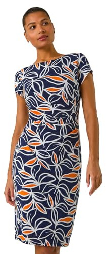 Roman Originals Ruched Waist Dress for Women UK Ladies Side Pleat Winter Autumn Textured Fitted Shift Pencil Smart Lined Stretchy Jersey Work Knee Length Round Neck - Orange Navy - Size 20